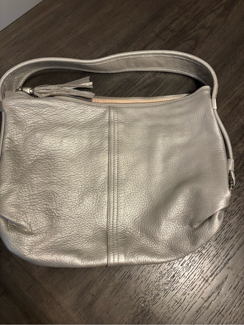 Elliott Lucca Silver Pebbled Leather Shoulder Bag with Tassel with Wallet